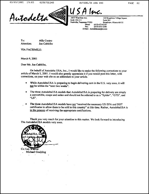 Autodelta USA Correction Letter